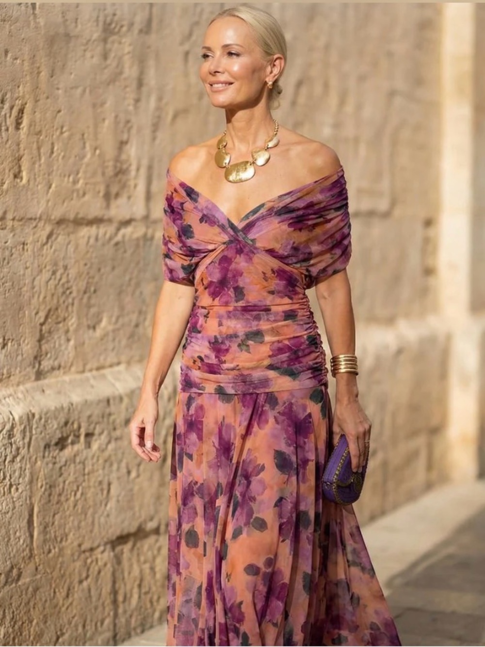 Off-Shoulder Floral Maxi Dress in Peach & Purple